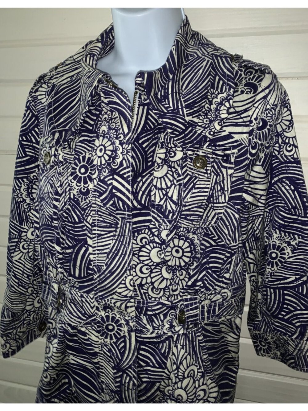 Coldwater Creek Sz 4 Purple Ivory Floral Utility Jacket Cotton Full Zip EUC